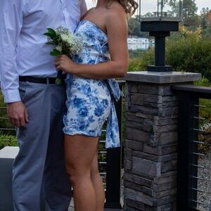 Blue and White Floral Strapless Dress with bow on the back.